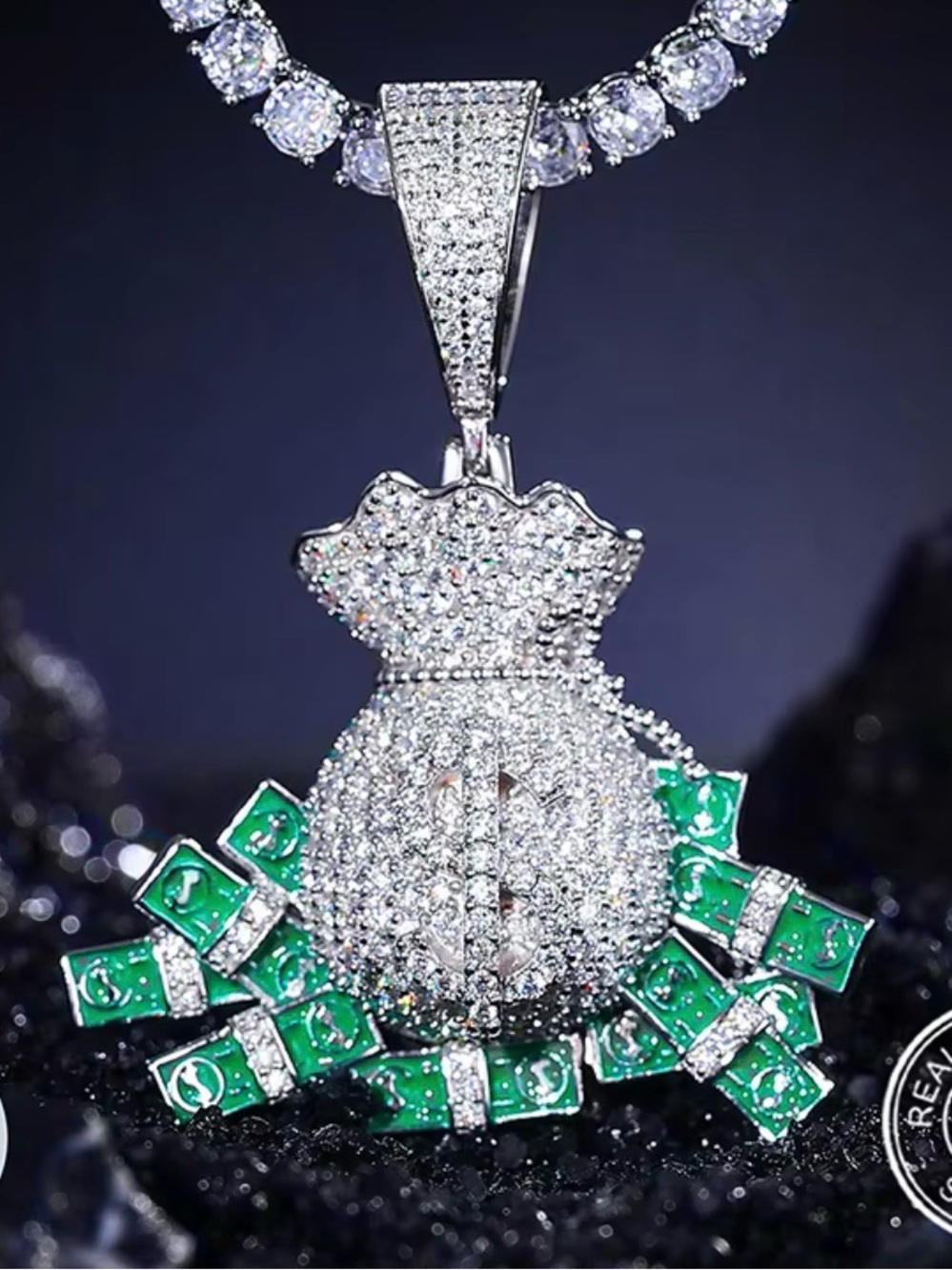 Luxury Moissanite Money Bag Pendant Necklace with Green Accents